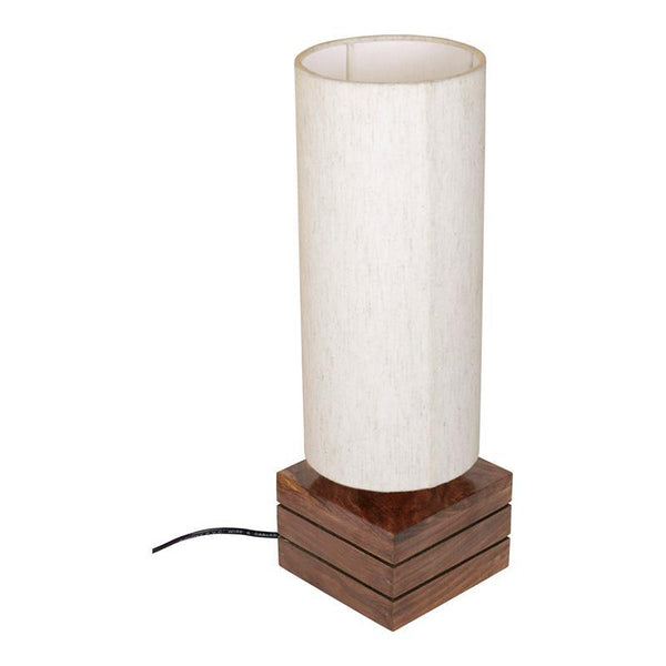 Handcrafted Wooden Table Lamp with Round Shade and Square Base