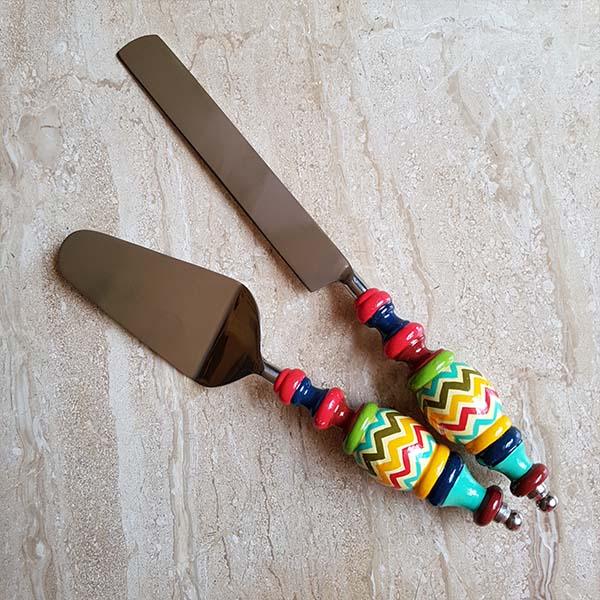 Hand-carved Cake Serving Spoon and Knife with Banarasi Woodwork