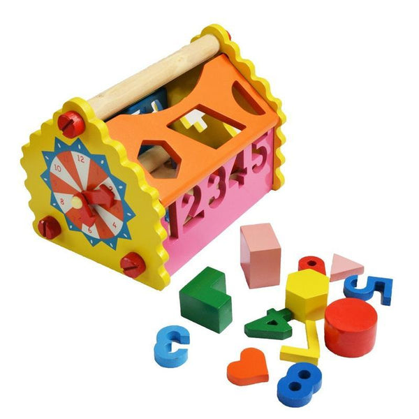 Wooden Number & Shape Sorting House Toy for Addition, Subtraction & Time-telling Skills