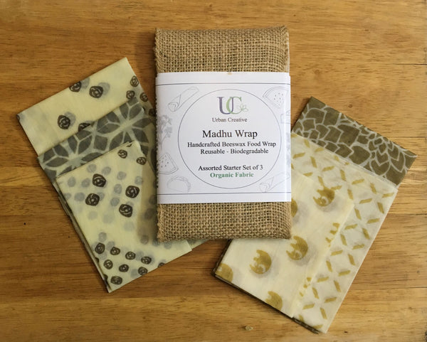 Madhu Wrap (Beeswax Food Wrap) - Assorted Starter Set in Certified Organic Fabric - Set of 2 or 3
