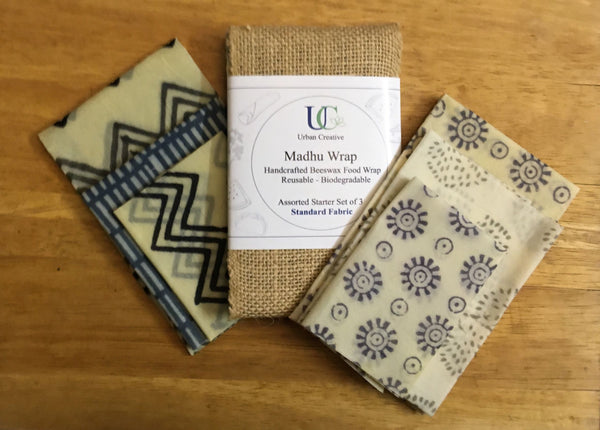 Madhu Wrap (Beeswax Food Wrap) - Assorted starter set of 3 in standard cotton fabric