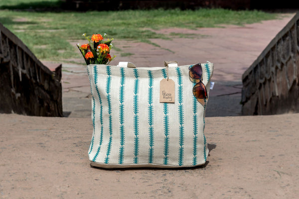 Reusable Juton Large Zipper Tote Bag, Cotton Pattern -Off-white