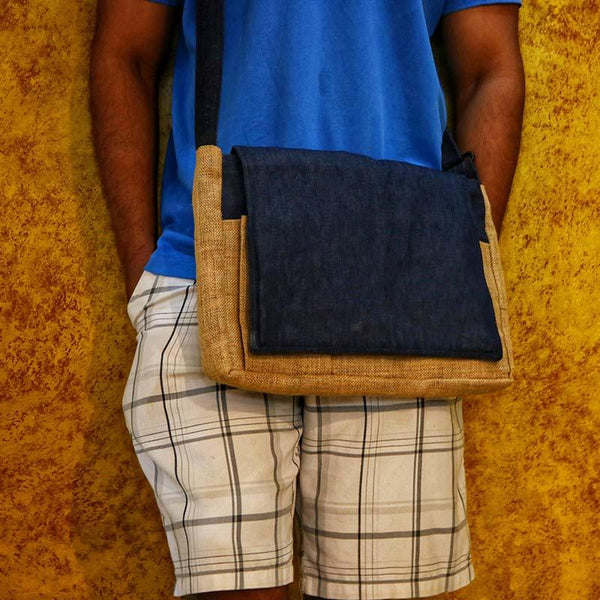 Upcycled Jute and Denim Laptop Bag Created by Women Artisans