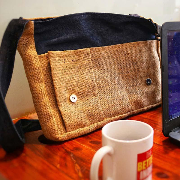 Upcycled Jute and Denim Laptop Bag Created by Women Artisans