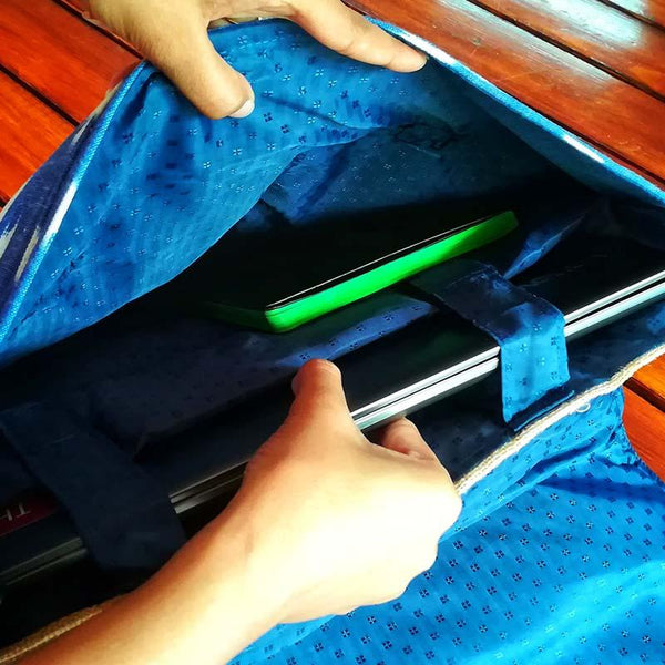 Upcycled Jute and Denim Laptop Bag Created by Women Artisans