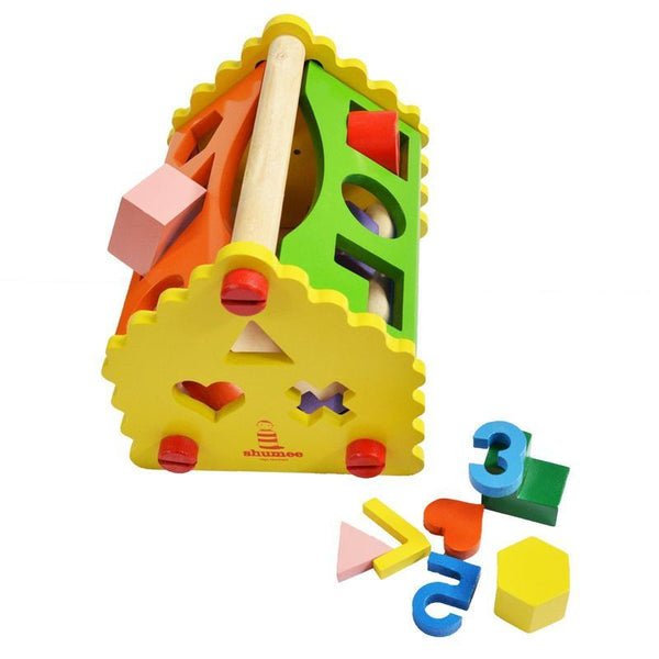 Wooden Number & Shape Sorting House Toy for Addition, Subtraction & Time-telling Skills
