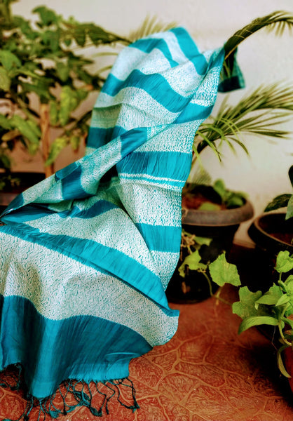 Handloom Aquamarine Tussar Silk Weaving Shibori Stole created by traditional artisans from East India
