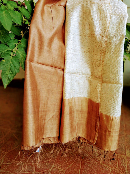 Iced Coffee Handloom Tussar Silk Weaving Shibori Stole created by traditional artisans from East India