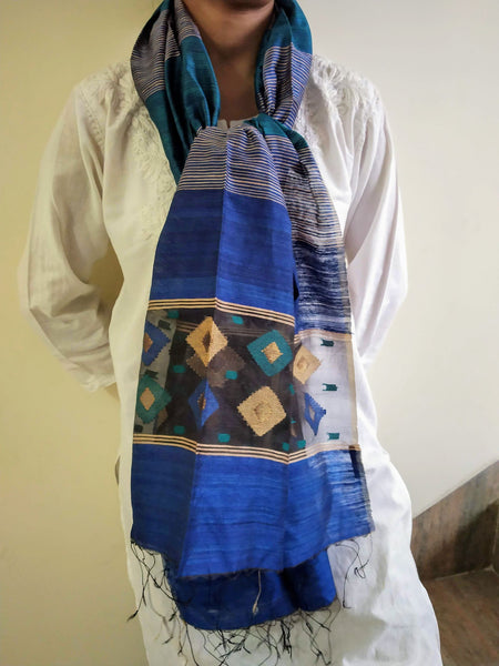 Handloom Blue Matka Silk Jamdani Stole created by traditional artisans from East India