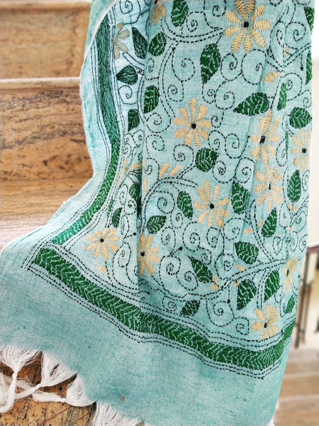 Handloom Green Silk Cotton Floral Kantha Stole created by traditional artisans from East India