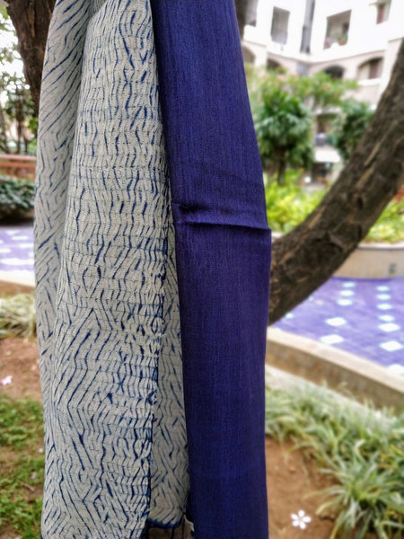 Handloom Indigo Half-Half Tussar Silk Weaving Shibori Stole created by traditional artisans from East India