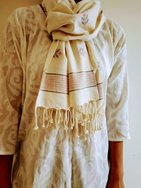 Handloom Ivory White Red Floral Dhakai Jamdani Stole created by traditional artisans from East India
