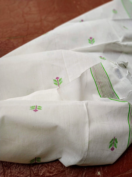 Handloom Ivory White Green Floral Dhakai Jamdani Stole created by traditional artisans from East India