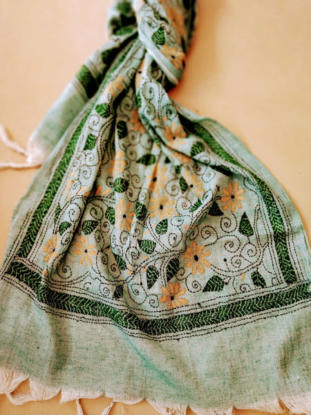 Handloom Green Silk Cotton Floral Kantha Stole created by traditional artisans from East India