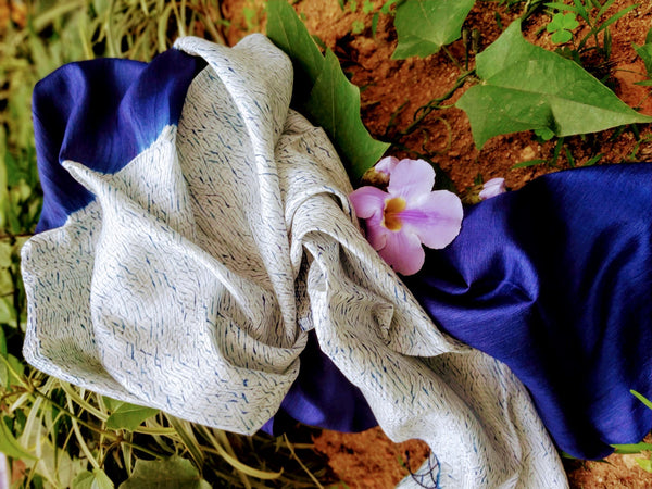 Handloom Indigo Half-Half Tussar Silk Weaving Shibori Stole created by traditional artisans from East India