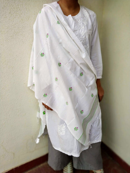 Handloom Ivory White Green Floral Dhakai Jamdani Stole created by traditional artisans from East India